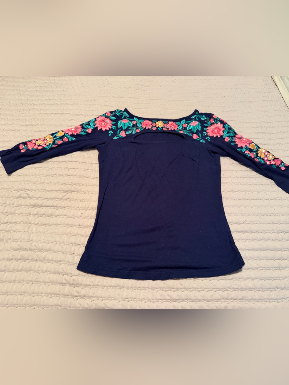 Boston Proper Navy Top with Pink Floral Embroidery